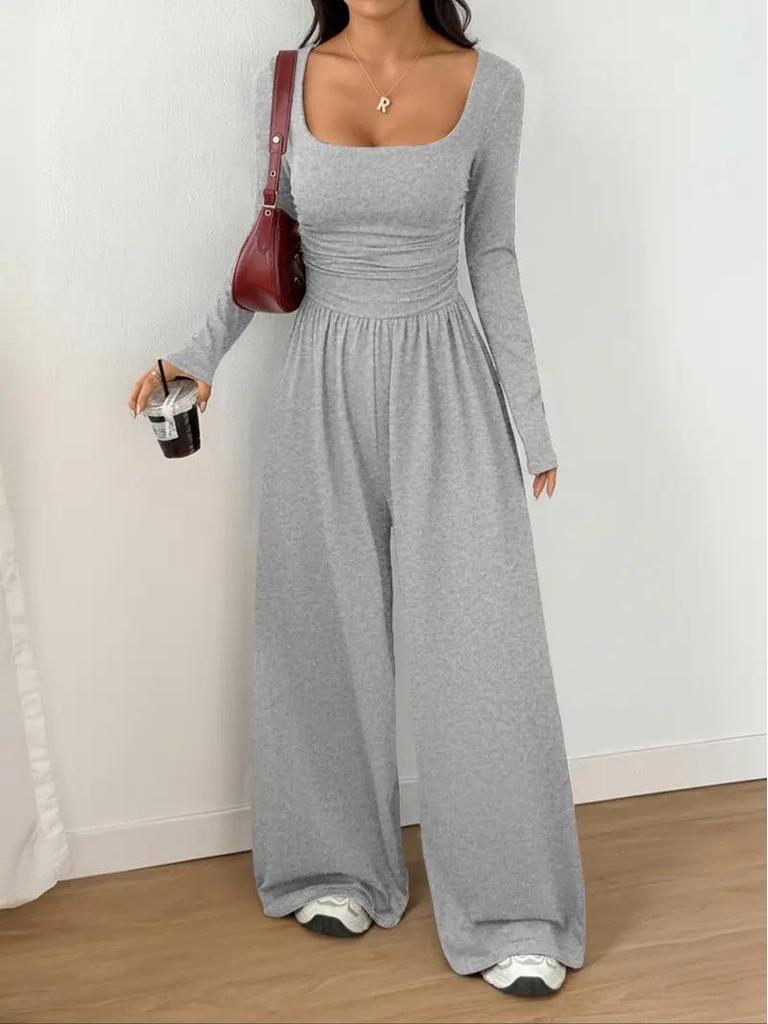New Style Long Sleeve Women's Casual Wide Leg Solid Color Slimming Jumpsuit