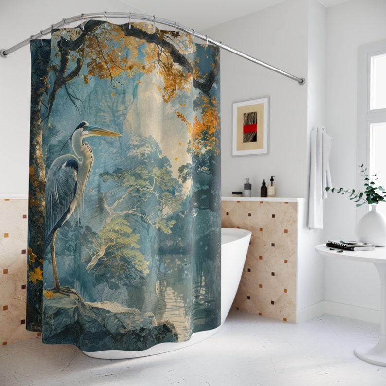 Blue Heron in Ancient Forest Shower Curtain - Coastal Bird Bathroom Decor, Waterproof Nature-Inspired Design