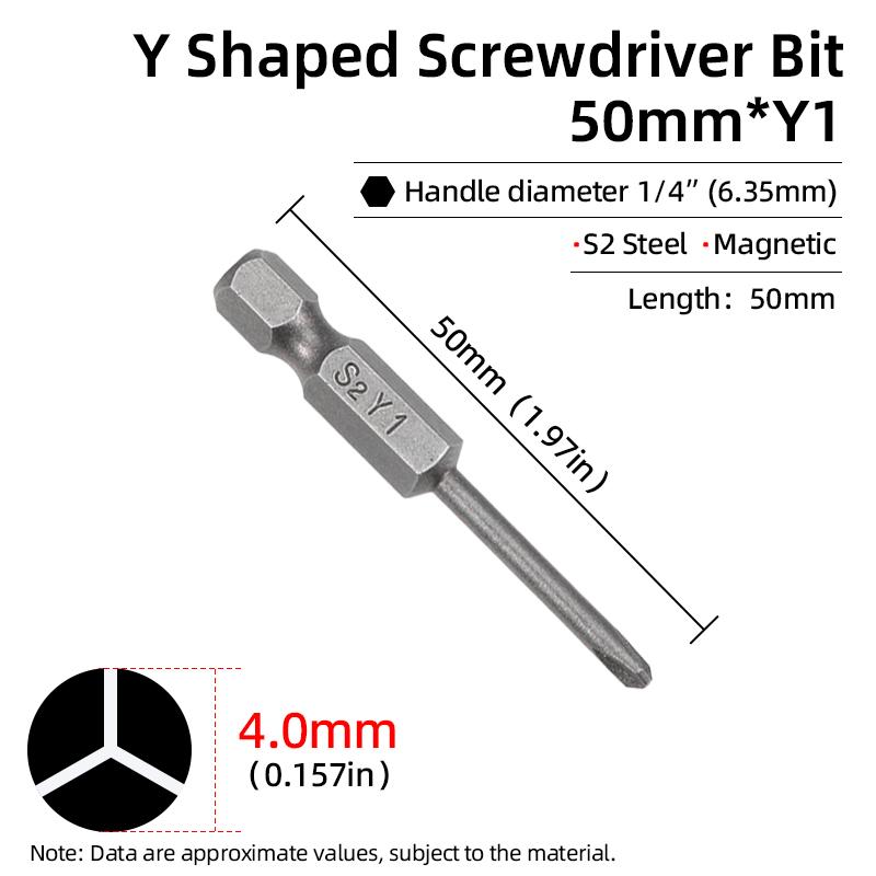 Y Shaped Screwdriver Bits Set Magnetic 1/4” Hex Shank Y Tip Head Y1 Y2 50mm S2 Steel Screw Driver Bit Ratchet Wrench Hand Tools