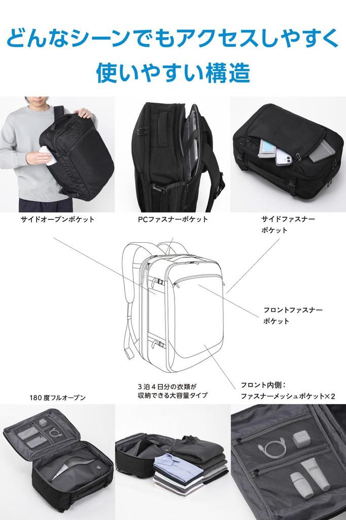 ELECOM Backpack with Expandable Gusset and Compression Function, Perfect for Business Trips, 15.6-inch Capacity, 180° Full Opening, Black,