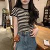 Korean front shoulder striped short-sleeved T-shirt for women's summer tight bottom with high-end retro t-shirt and thin top