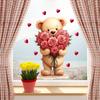 Cartoon Cute Teddy Bear with Roses and Hearts Static Cling Window Stickers No Glue for Bedroom Living Room Study Decor