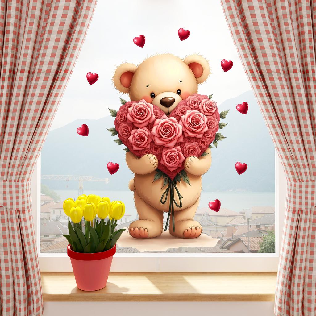Cartoon Cute Teddy Bear with Roses and Hearts Static Cling Window Stickers No Glue for Bedroom Living Room Study Decor