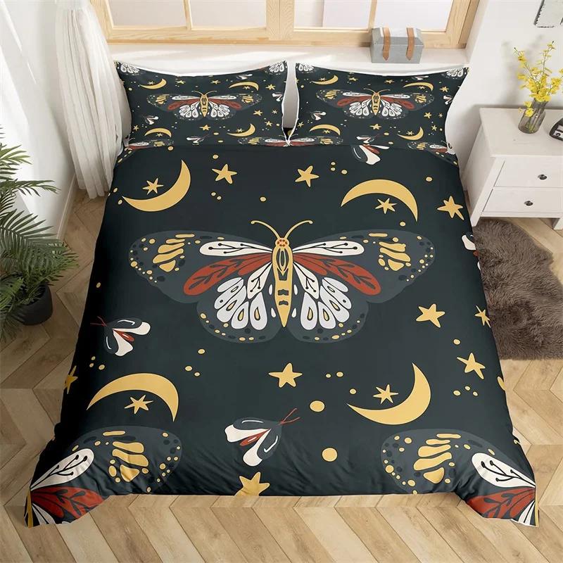 Death Moth Duvet Cover Set Queen Size Gothic Skull Boho Comforter Cover Black And White Skeleton Decorative Soft Bedding Set