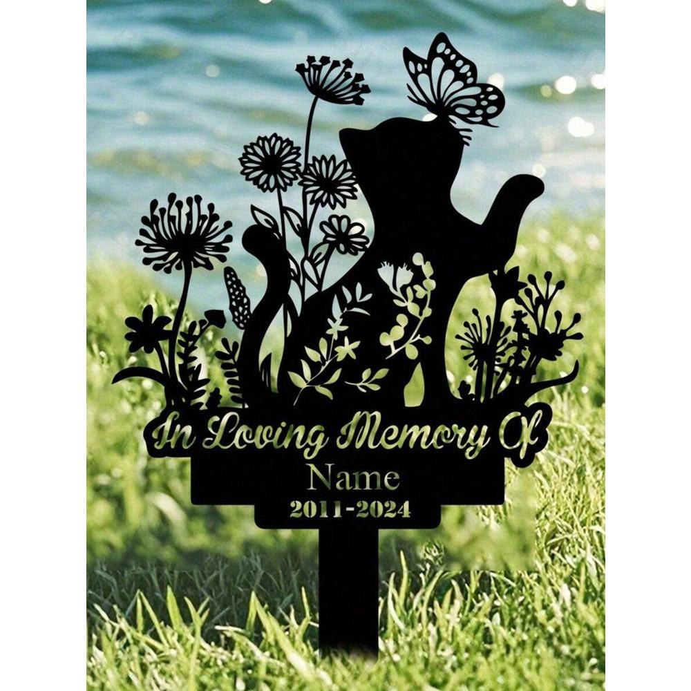 Metal Cat Memorial Garden Stake, Butterfly Flower Cat Loss Gift, Pet Sympathy Cemetery Decor