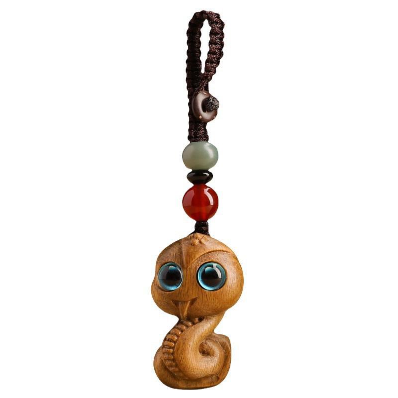 Zodiac Snake Green Sandalwood Keychain Pendant with Phone Lanyard for Men and Women