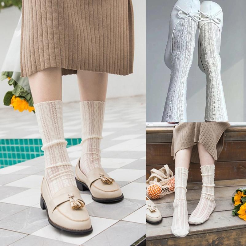 Women Lolita Preppy Style Mesh Lace Crew Socks Twist Striped Jacquard Patterned Solid Color Princess Mid Tube Hosiery