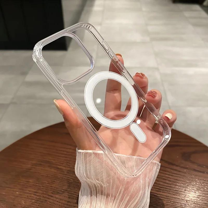 For Magesafe Magnetic Transparent Wireless Charge Case For iPhone 16 14 15 12 13 Pro Max 11 Plus X XS Shockproof Acrylic Cover