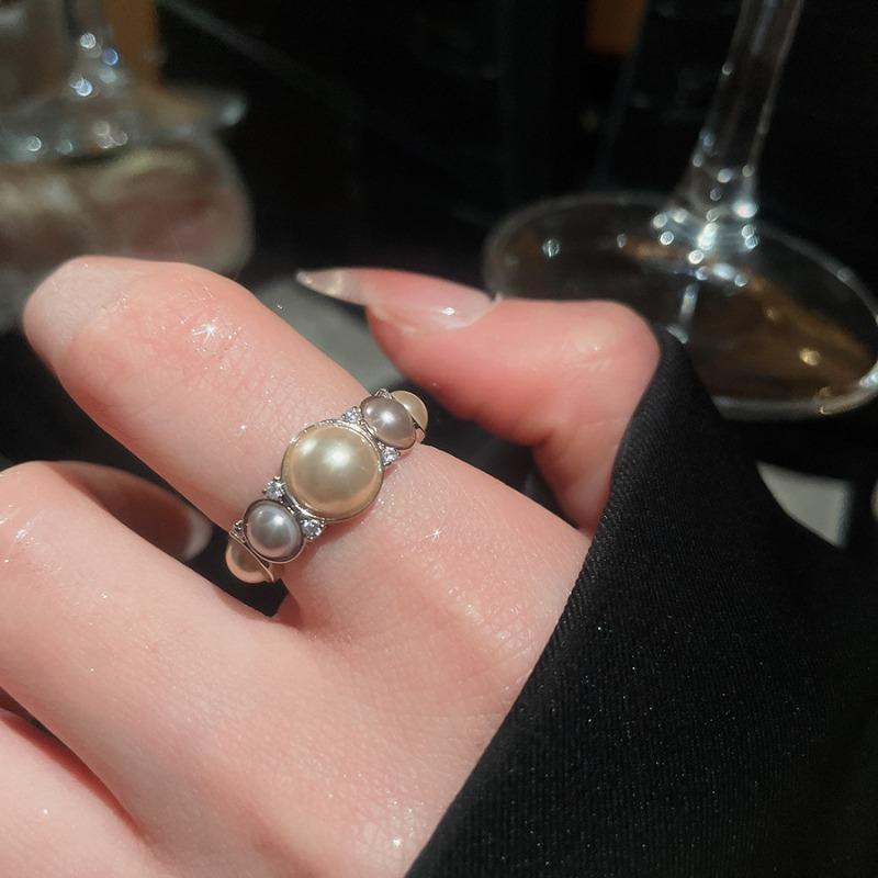 Cold wind zircon pearl opening ring Korean elegant temperament versatile index finger ring light luxury high-end jewelry women