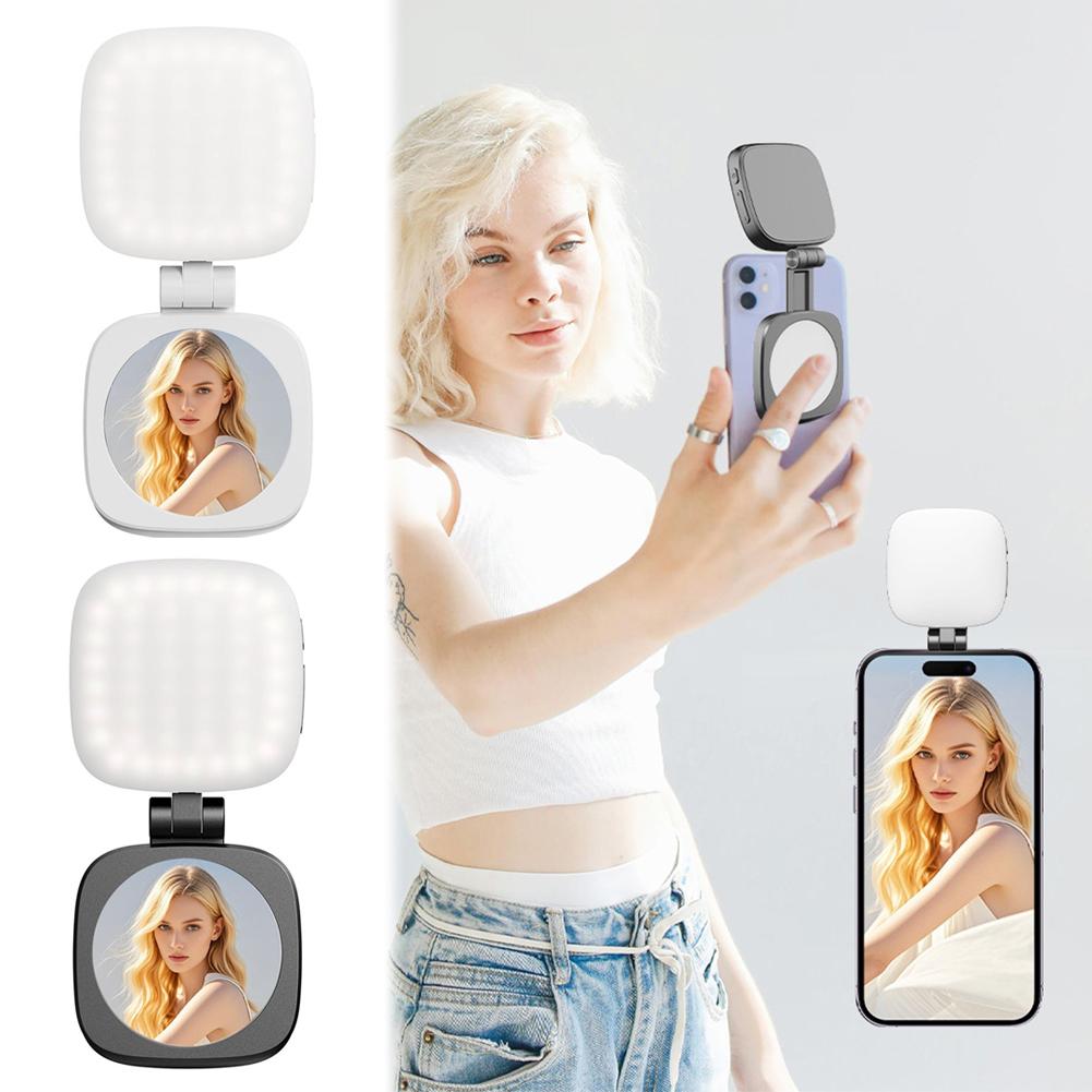 Mini Selfie Fill Light with Mirror Strong Magnetic Adsorption LED Video Photography Light Rechargeable for Smartphones Tablets