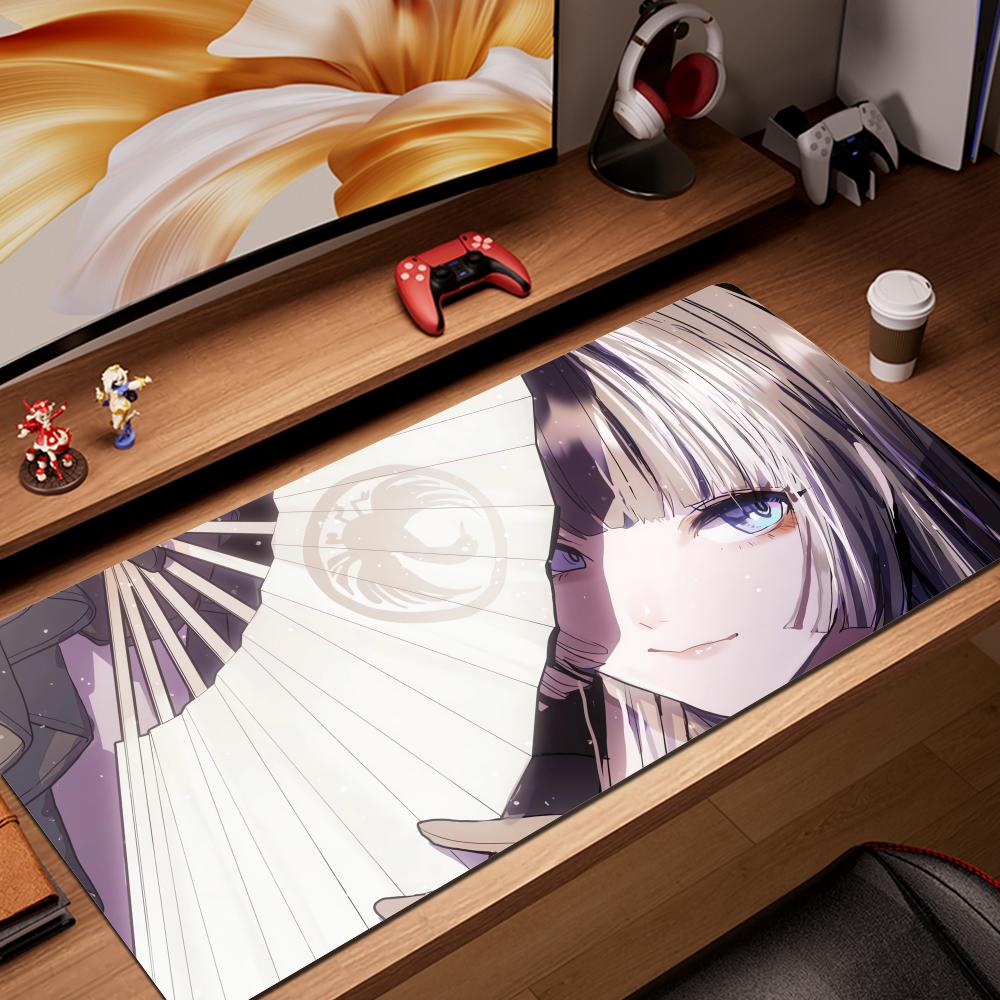 Gaming Mouse Pad Large Desk Mat Antislip Base Stitched Edges Black and White Manga Style Anime Girl Extended Keyboard Pad
