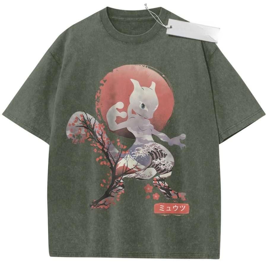 Vintage Washed Pokemon Mew TShirt Oversized Octopus Donut Graffiti Anime Graphic Streetwear Tee for Casual Daily Campus Home