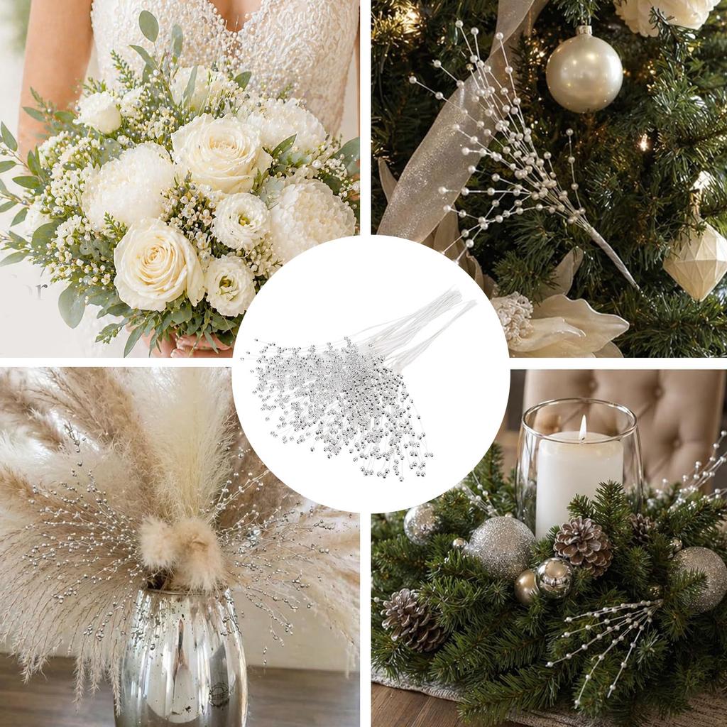 50 PCS Pearl Beaded Stems 4mm Bead String Garland Floral Picks Flexible Wire Bouquet Accessories for Wedding Floral Arrangements Crafts