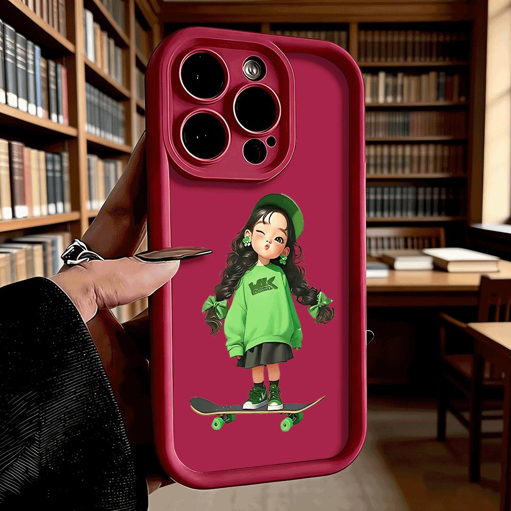 Green Girl on Skateboard Phone Case for iPhone 17 16 15 14 13 12 11 Pro Max Plus Anti Scratch, Gel Flexible Protective iPhone XS Max
