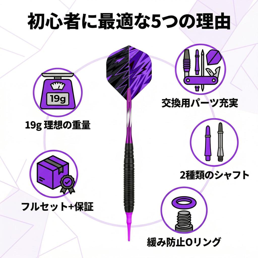 WAY ARRIVAL 19g soft dart set, nickel alloy barrel, for beginner to intermediate players, includes 6 flights and O-rings