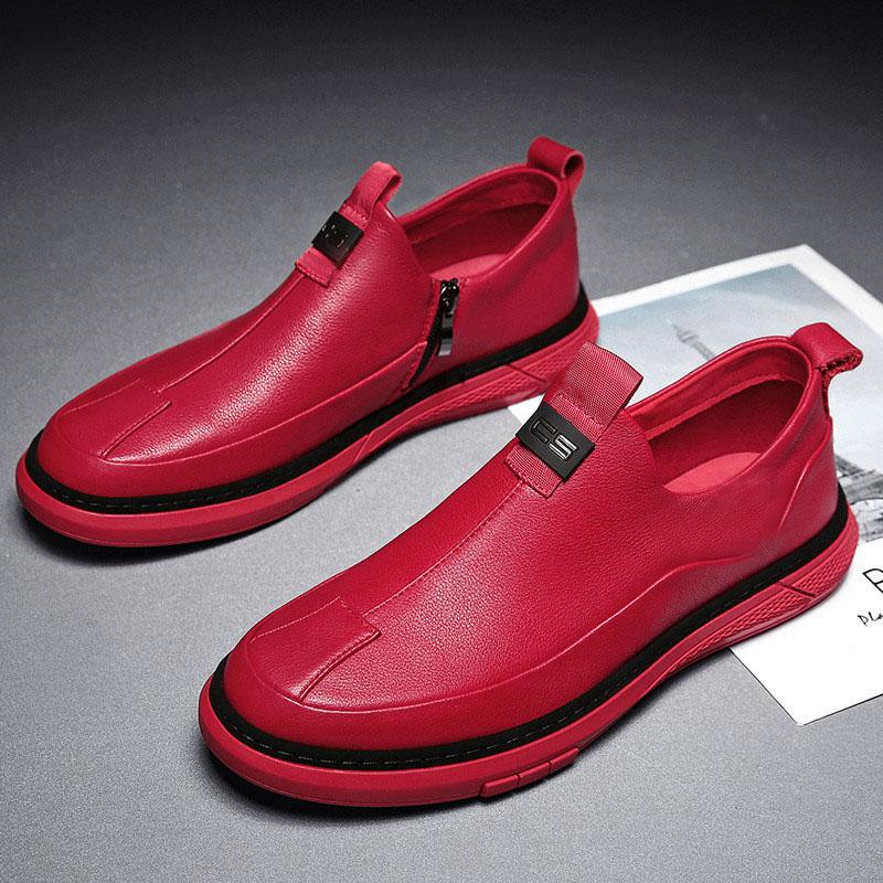 2024 New Man's Leather Casual Shoes Mans Sneakers Comfortable Slip on Flats Fashion Korean Shallow Loafers Zipper Flat Sneakers