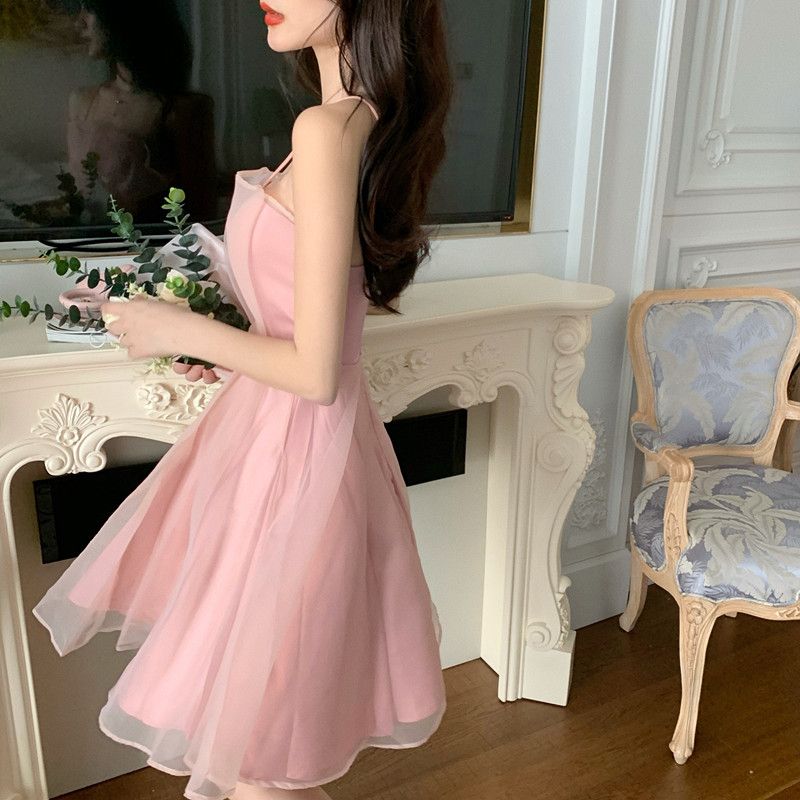 Sweet and Super Fairy Mesh Dress Women's Sleeveless Ruffle Mesh Camisole Dress High Waist A Line Short Mini Skirt Suitable for Parties Vacations