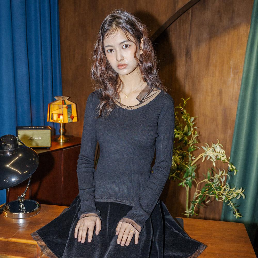 Deondeulob Dd_Mesh Collar Knit Top_Black