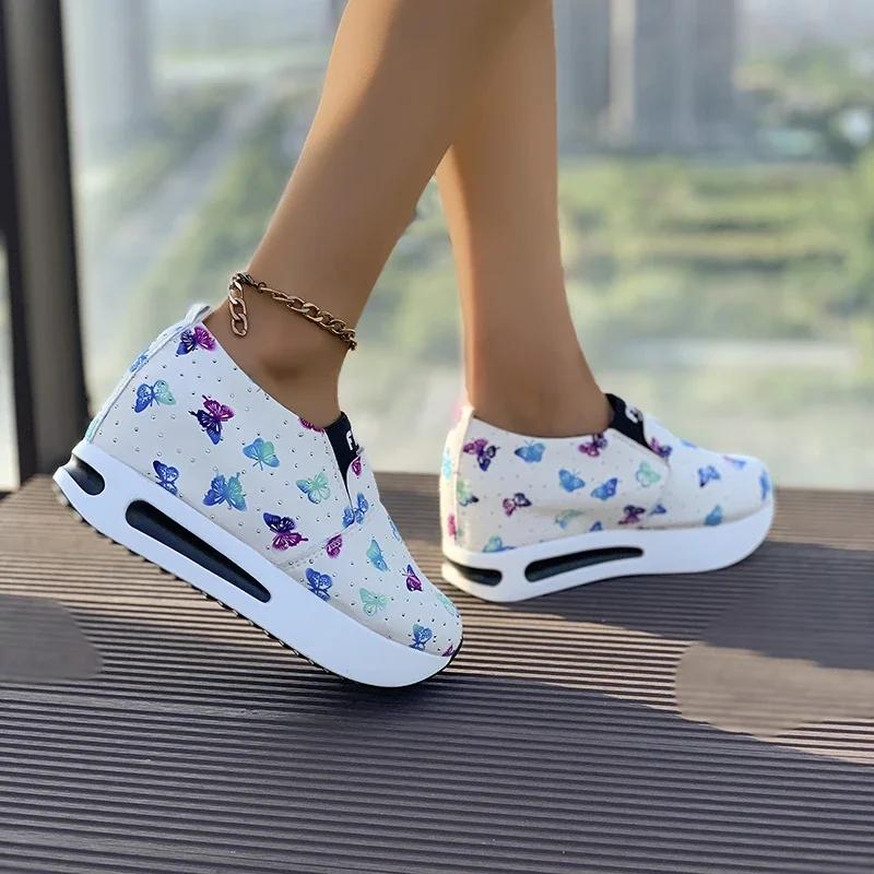 Women's Spring and Autumn Round Toe Colorful Butterfly Pattern Mesh Sneakers Sports Casual Shoes