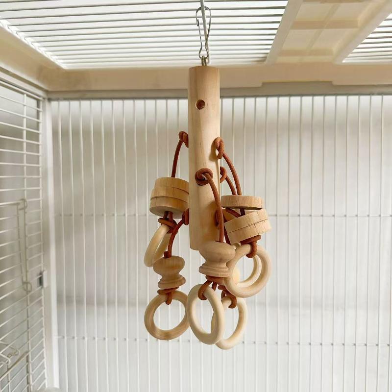 Hanging Parrot Chew Toy 1Pcs Natural Wood Blocks Bird Bite Toy with Wooden Rings for Parakeets Cockatiels Anti-boredom