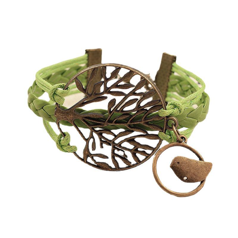 European-American Fashion Bracelet: Big Tree & Little Bird Natural Style, Adjustable PU Woven Rope Jewelry