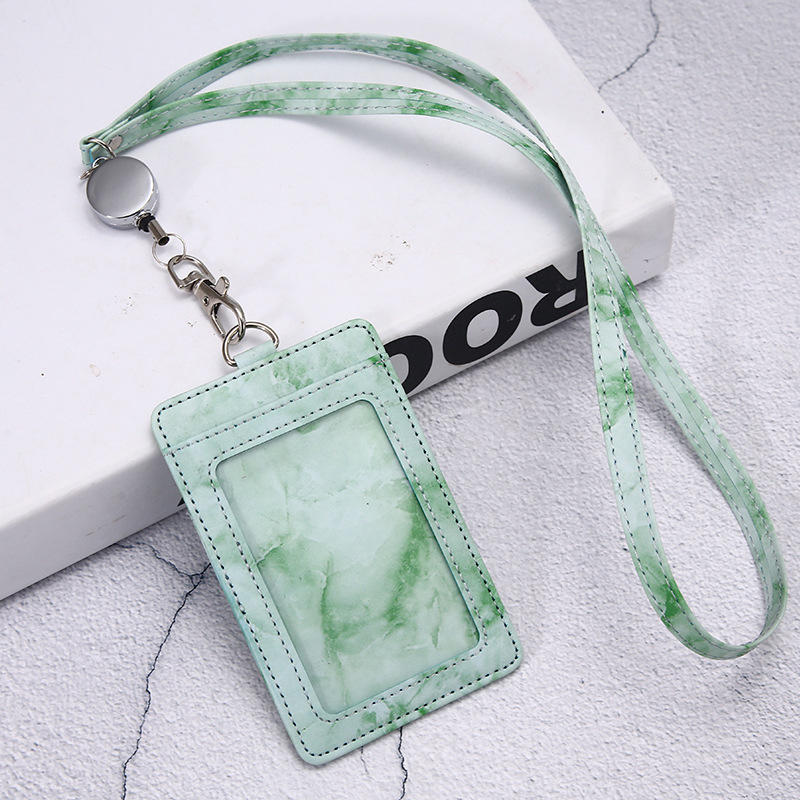 PU ID Card Holder Transparent Badge Holder With Card Slot Three Fold Card Holder Marble Patterned Neck Hanging Card Sleeve