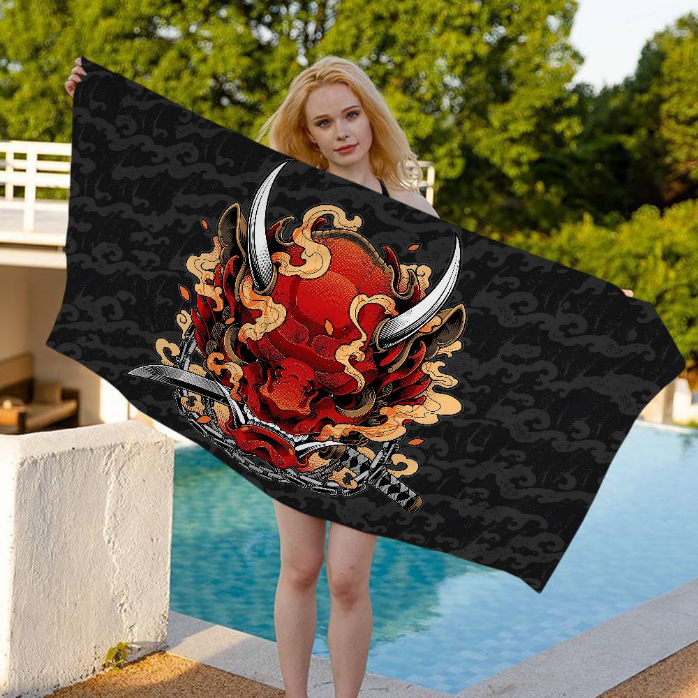 1pc Japan Samurai Oni Mask Microfiber Printed Beach Towel Mountain Climbing Yoga Beach Swimming Running Absorbent Soft Towel
