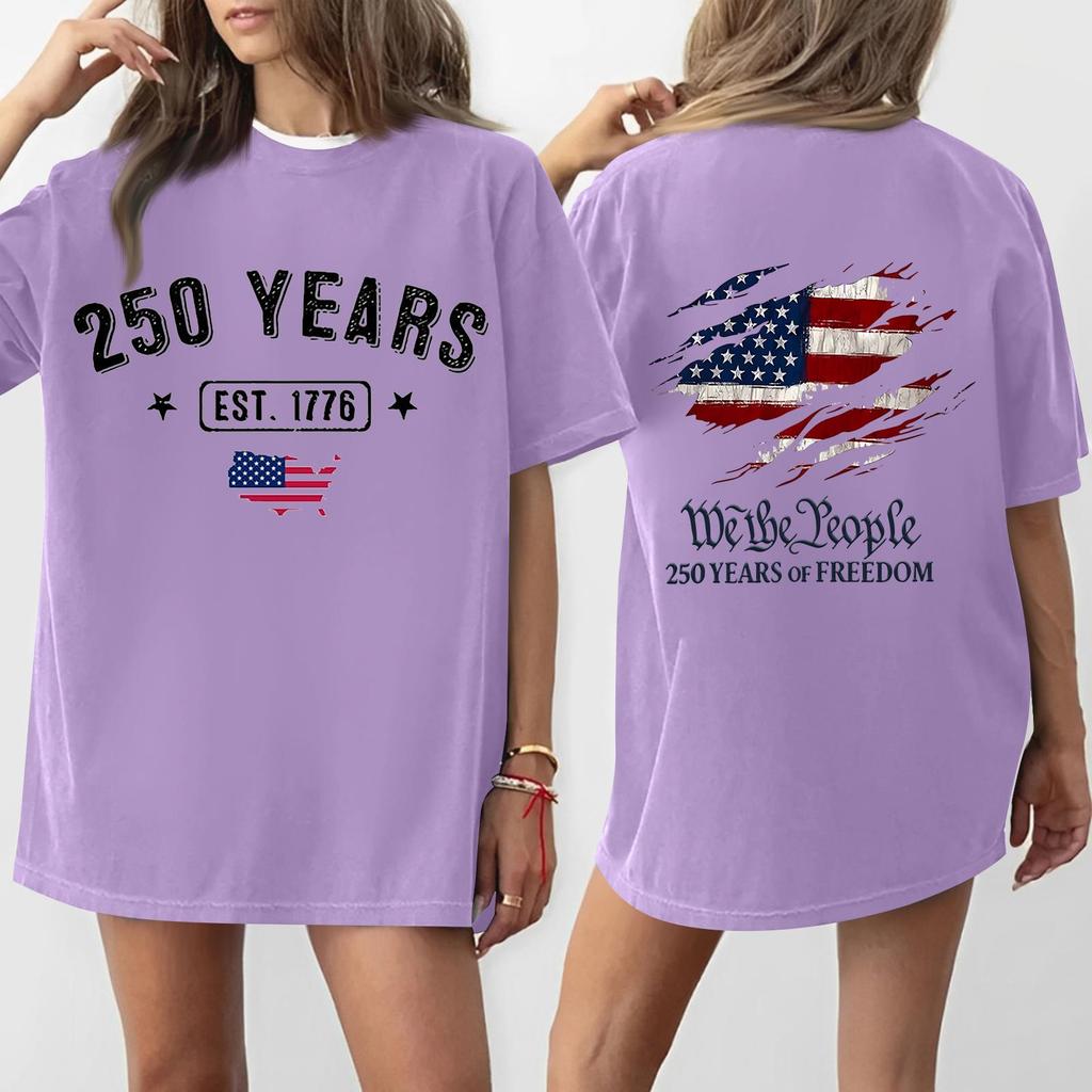 Women's Casual Independence Day 250 Anniversary Printed T-shirt Round Neck Pullover Short Sleeve Top