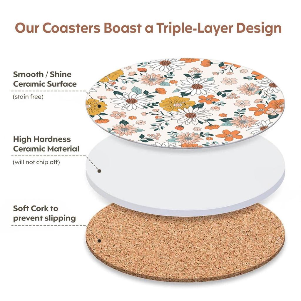 Ceramic Coasters with Matt Finish On Top & Cork Base | Coasters for Cups Set of 6 |