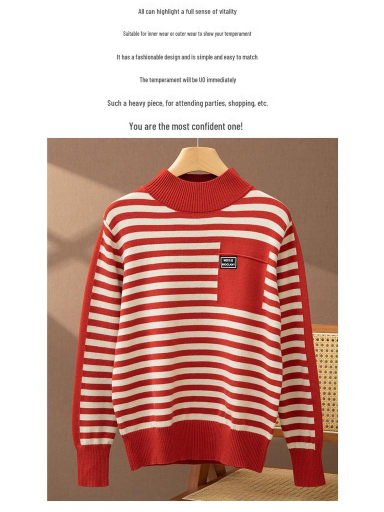 2025 Women’s Korean Style Striped Half High Neck Knitted Pullover Sweater