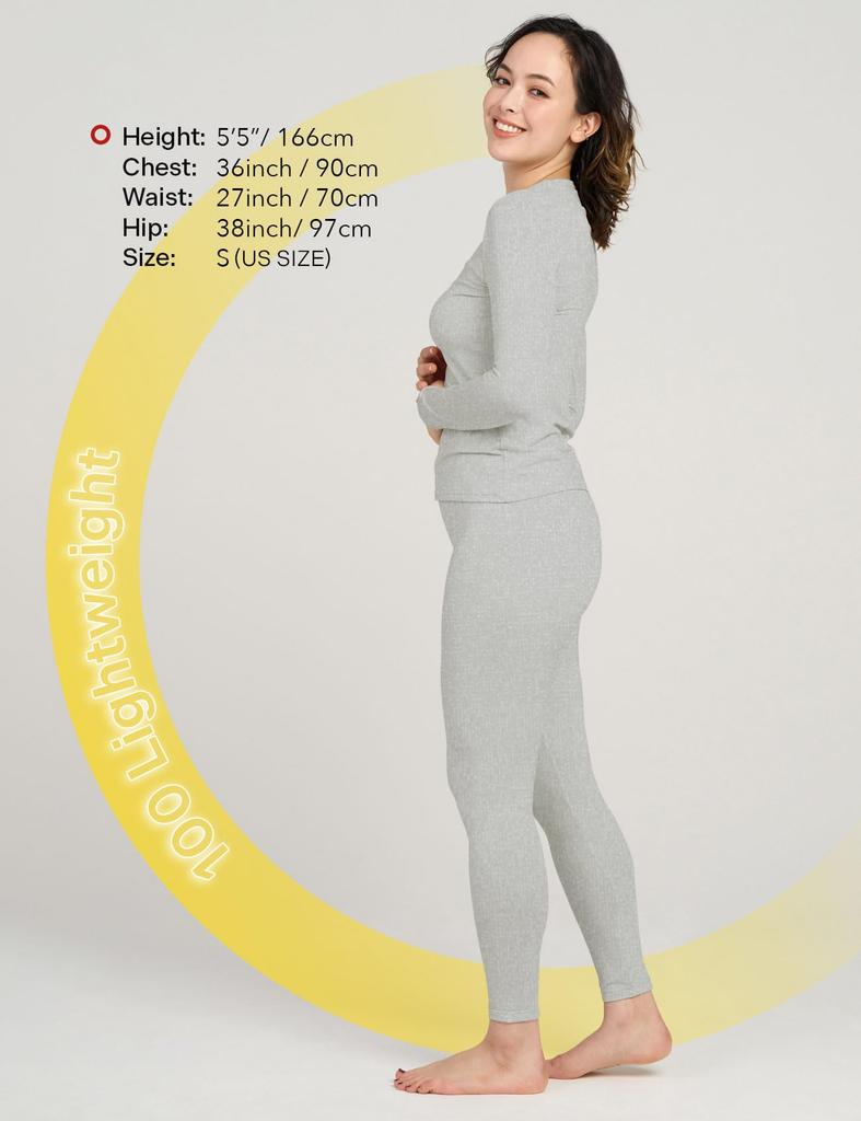 Warm Cold Weather Top and Bottom Fleece Lining Light Gray and Bottom Size (Lapasa) Innerwear, Underwear, Women's Set, [1-3. (2)_Thin (Top Set), S]