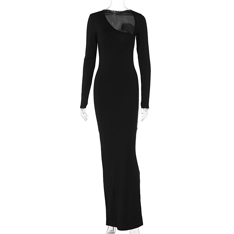 Black Evening Party Dress Women Elegant Fall Winter Outfits Asymmetrical Long Sleeve Night Club Party Split Maxi Dresses