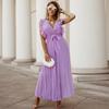 Temperament beach long dress fashionable slim fit sexy lotus leaf sleeve pleated skirt solid color dress