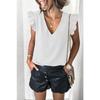 Women European Casual Solid V Neck Sleeveless Ruffle Pullover T Shirt Top