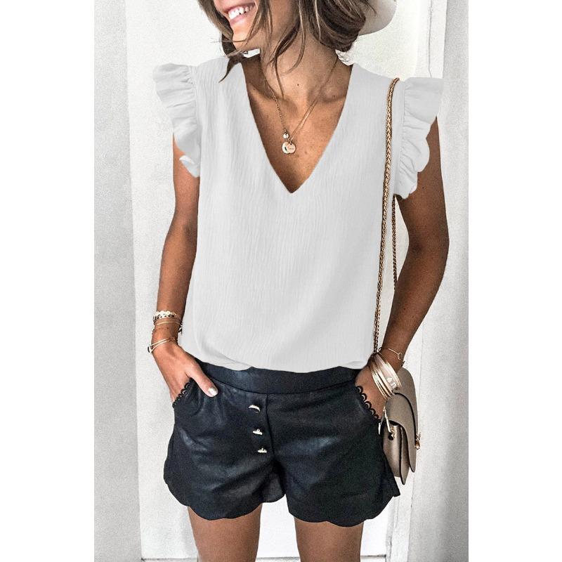 Women European Casual Solid V Neck Sleeveless Ruffle Pullover T Shirt Top