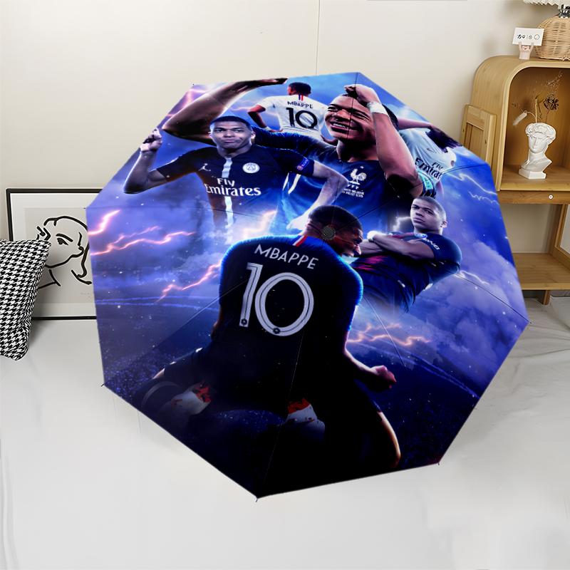 Kylian Mbappé Print Automatic Umbrella, 8 Rib Iron Frame, Plastic Handle, Suitable for Outdoor Travel &Daily , Ideal Gift