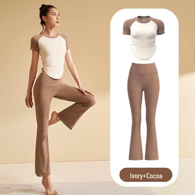 Damen Nude Feel Yoga Set: Schnelltrocknendes Kurzarm-Top & Lange Hose für Outdoor-Fitness