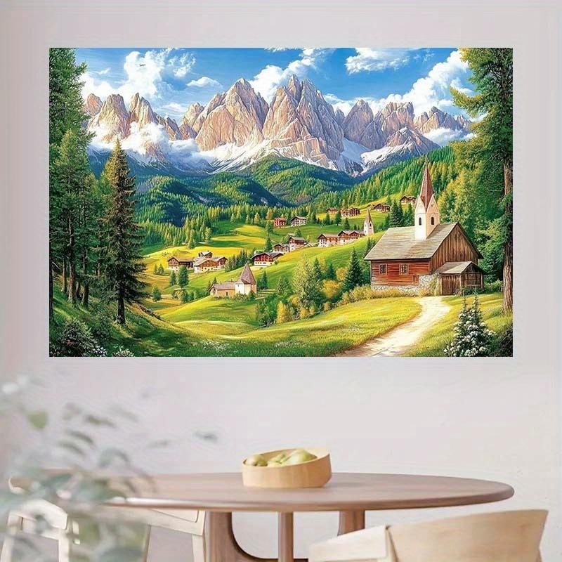 1pc 2D mountain village scenery background - pastoral scenery of temples, wooden houses, and trees, perfect for photography