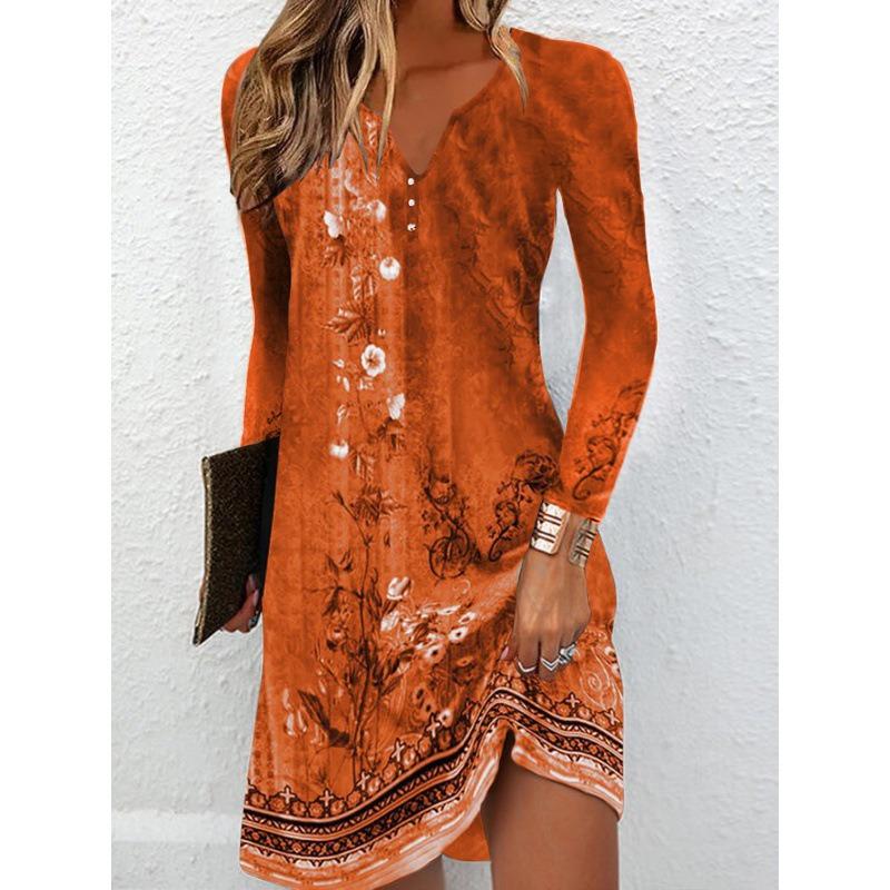 QICED Fashion Autumn Winter Long Sleeve V-Neck Casual Dresses