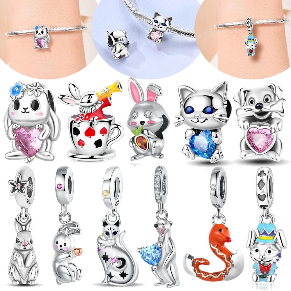 Authentic copper Simple Cat Heart Pink Zircon Rabbit Animal Pendant Charm Bead Compatible With Bracelets Women Fine Childs Gift Accessory