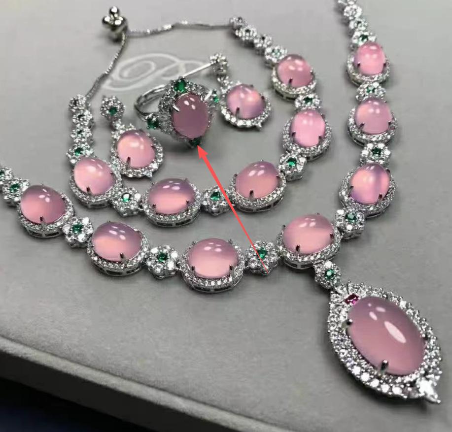 Light Luxury Ice Pink Oval Bead Four-piece Necklace Earrings Ring Bracelet Diamond Dinner Dress Temperament Jewelry Set