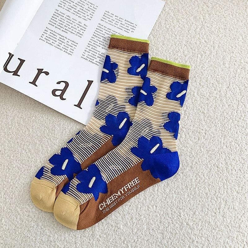 Ultra-thin Transparent Crystal Silk Socks Women Fashion Summer Harajuku Crew Socks Retro Flower Streetwear Elastic Long Socks