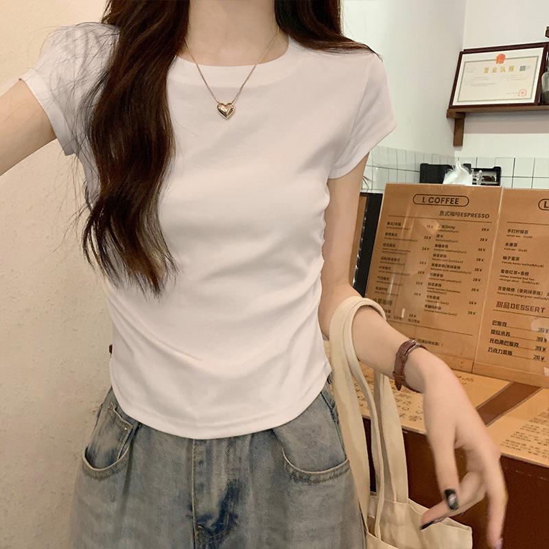 Round Neck T-shirt Short-sleeved Women's Summer New Slim Half-sleeved American Inner Top French Waist Pinch