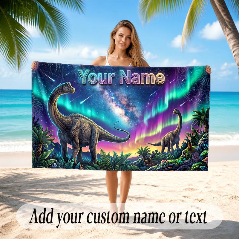 Dinosaur Theme Quick Dry Beach Towel Custom Name Text Print Large Sand Resistant Towel Beach Vacation