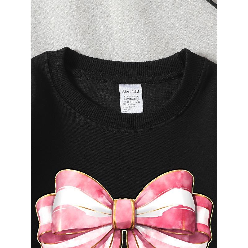 Girls' Crewneck Sweatshirt Pink And White Striped Bow with Golden Machine Washable, Spring And Autumn, Sportswear And Casual Wear
