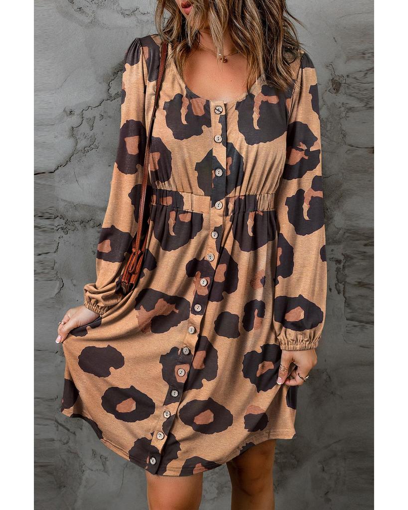 Azura Exchange Leopard Print Button Front Bubble Sleeve Loose Knit Dress