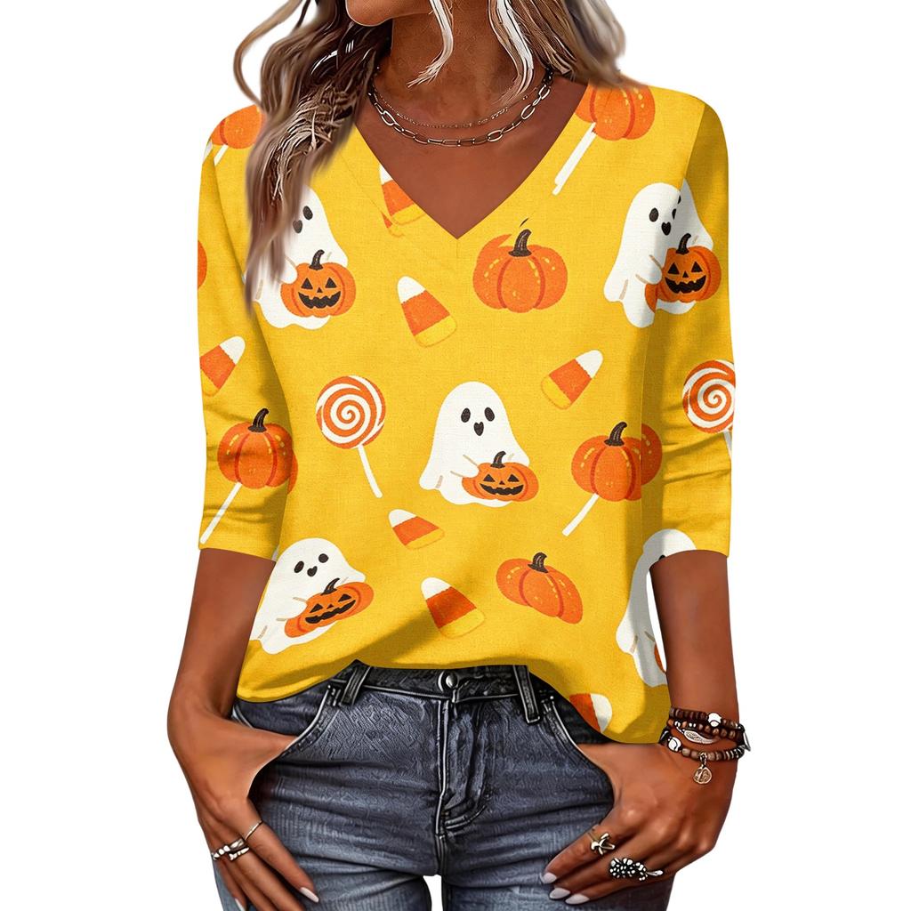Women's Fashion Casual Halloween Print V-Neck Three-Quarter Sleeve Top