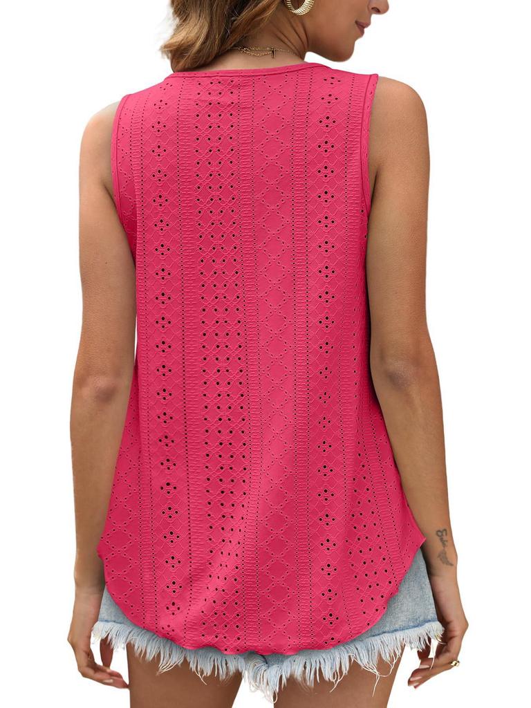 European & American Women's Summer Crew Neck Eyelet Sleeveless Tank Top T-Shirt