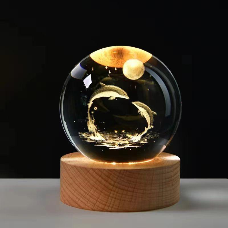 3D Crystal Ball Light Solar System Planet Pattern Crystal Ball Round Wooden Base Night Light for Kids Bedroom Table Desk Decor