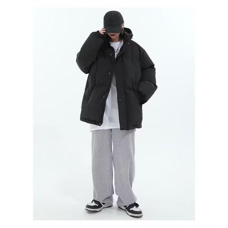 Unisex Black Puffer Jacket Winter Warm Hooded Cotton Coat Casual Oversized Outerwear Men Women
